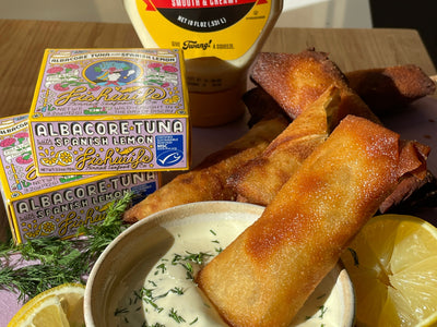 Tuna Melt Egg Rolls with Herby Mayo Dipping Sauce